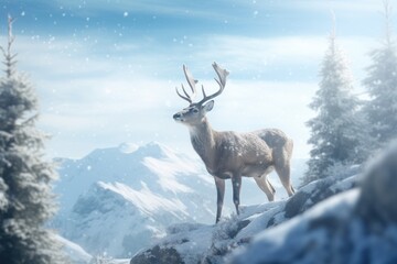 Mountain wilderness in winter, elegant deer with antlers against snowy peaks, serene natural environment, for peaceful imagery, Winter tranquility.