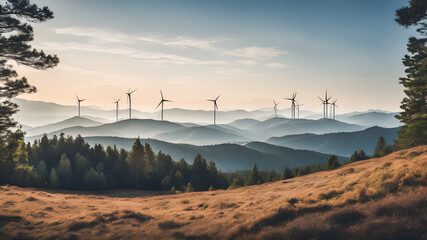 Beautiful landscape with wind turbines in the mountains.