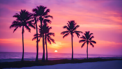 Fototapeta na wymiar Silhouette of palm trees on the beach at sunset, vintage tone