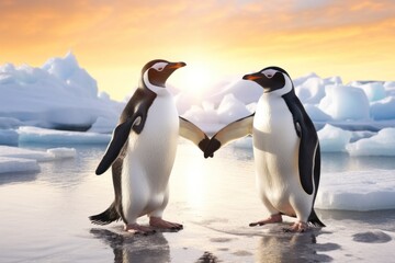 Wildlife conservation, two penguins holding flippers amidst icy landscape at sunrise