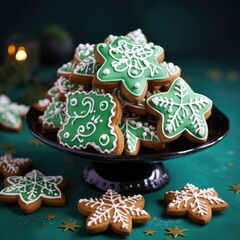 Tasty decorated gingerbread on a green background. Christmas pastry. Generative AI.