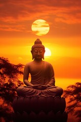 Buddha statue and sunset in the morning
