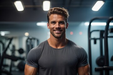 A handsome muscular man smiles at the camera against the background of a sports gym - obrazy, fototapety, plakaty