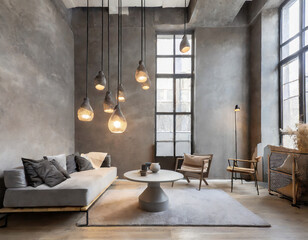 Urban Escape, City-inspired Scandinavian living—concrete accents, industrial lighting, and a neutral palette in the room.
