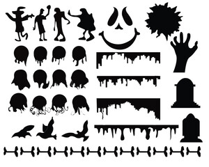 Happy Halloween Vector Silhouette Illustration Set Isolated On A White Background. Collection of Halloweens silhouettes icon and character, elements for Halloweens decorations Premium Vector - obrazy, fototapety, plakaty