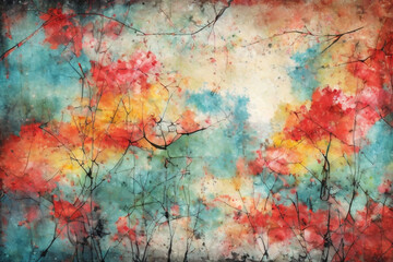 Abstract colors rough background with black tree branches illustration