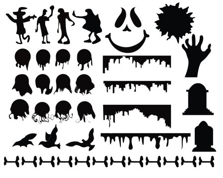 Happy Halloween Vector Silhouette Illustration Set Isolated On A White Background. Collection of Halloweens silhouettes icon and character, elements for Halloweens decorations Premium Vector