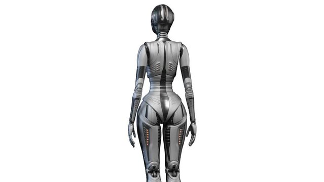 Turntable 360 degree animation of futuristic robot woman or humanoid cyber girl. 3d rendering isolated on white background