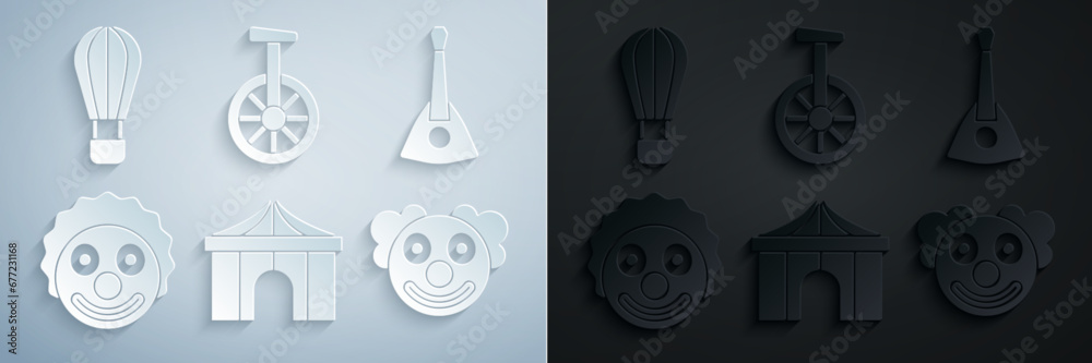 Wall mural set circus tent, balalaika, clown head, unicycle or one wheel bicycle and hot air balloon icon. vect