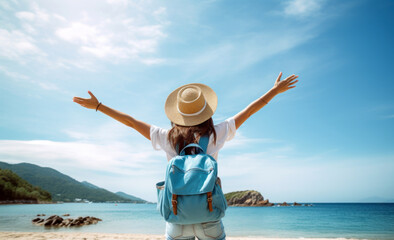 Happy woman with backpack standing on the beach with arms up  - Traveling lifestyle and well-being concept