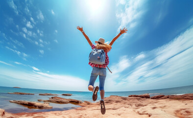 Happy man with backpack jumping on the beach with arms up  - Traveling lifestyle and well-being concept - Powered by Adobe