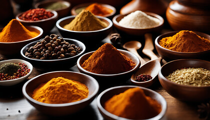 variety of spices in bowls on a wooden table. There are at least 10 different spices visible, including cumin, coriander, turmeric, paprika, and garam masala 