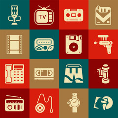 Set Vinyl disk, Camera roll cartridge, Ray gun, Retro audio cassette tape, Pager, Play Video, Microphone and Floppy icon. Vector