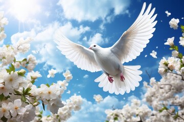 Fototapeta premium White dove flying around flowers on blue background, International Day of Peace concept background 