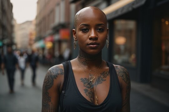 Close-up portrait of a beautiful young bald shaved head African American woman with a tattoo on a New York street