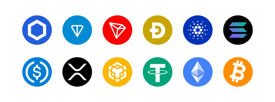 Rivne, Ukraine - November 12, 2023. Set of cryptocurrencies logos. Bitcoin, Ethereum, Tether, BNB, XRP, USD coin, Solana, Cardano, Dogecoin, TRX, Toncoin, Chainlink. Vector EPS 10