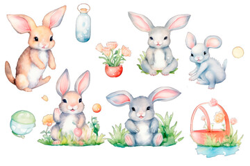Watercolor set of cute baby rabbits in various situations - with bubbles, flowers. Perfect for nursery decor. Adorable animal illustrations for children. Transparent png. Generative AI