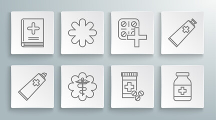 Set line Ointment cream tube medicine, Cross hospital medical, Emergency star symbol Caduceus snake with stick, Medicine bottle and pills, Pills blister pack, and Medical book icon. Vector