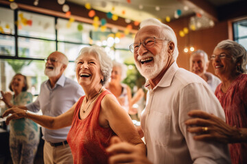Retirement or farewell party, senior people dance and laugh. High quality photo