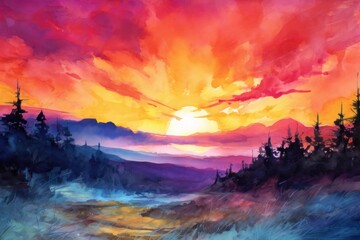 Vibrant sunset over dreamy watercolor landscape, surrealism. Generative AI