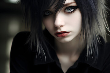 emo girl, portrait of a young lady with bright eye makeup. close-up of the face. - obrazy, fototapety, plakaty