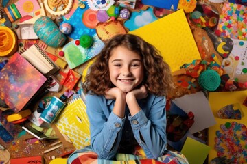 Smiling girl surrounded by colorful educational materials while participating in an art class. Back to school