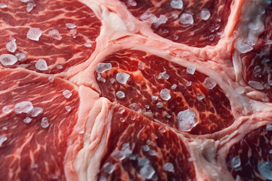 Macro shot of a marbled beef steak's texture, showcasing the intricate marbling patterns and the grains of salt