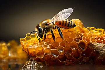 Foto op Aluminium honeycomb with bee crawls through combs collecting honey. Beekeeping, wholesome food for health. © zamuruev