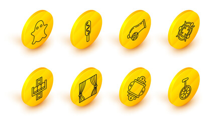 Set line Unicycle or one wheel bicycle, Ticket, Curtain, Attraction carousel, Target sport for shooting competition, Cannon, Corn dog and Ghost icon. Vector © Oksana