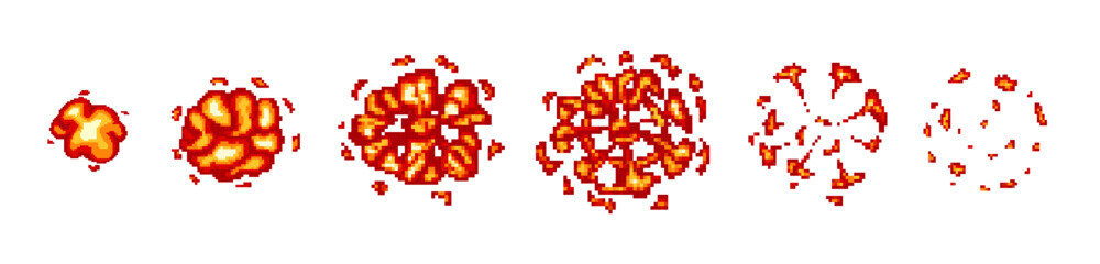 8 bit game pixel explosion animation. Retro game explosion fire. - obrazy, fototapety, plakaty