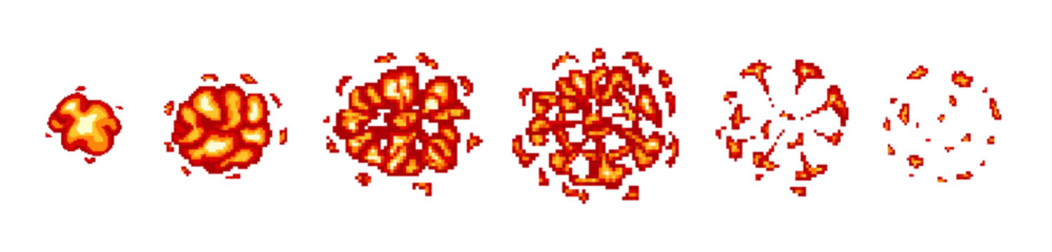 8 bit game pixel explosion animation. Retro game explosion fire.