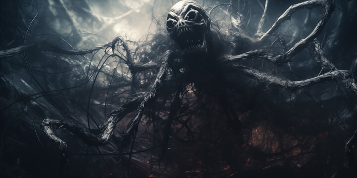 Scary alien monster with tentacle coming out of the darkness