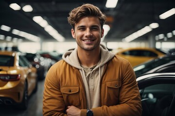A young smiling happy man on the background of cars in a car dealership. Buying a car and driving concept. - Powered by Adobe