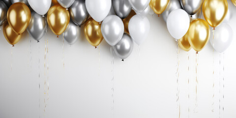 AI generation. White, gold and silver balloons on white background. Holiday and