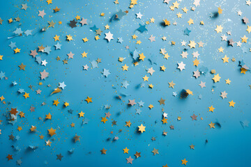 confetti flying in the air as a festive background. pieces of foil or paper on a dark blue backdrop.