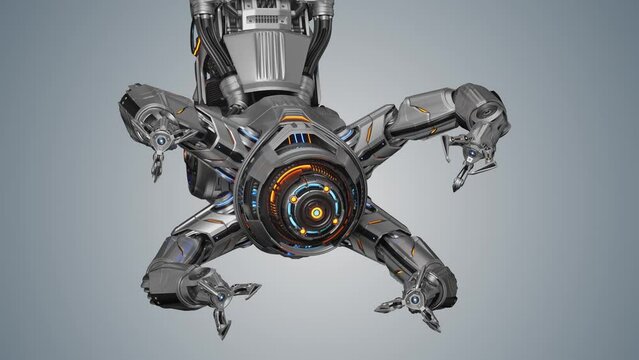Cyber machine manipulator equipped with multiple robotic arms for advanced works in nano technology or various space constructions. 3d rendering animation with alpha isolated on color background