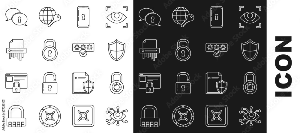 Sticker set line eye scan, safe combination lock wheel, shield, smartphone with, lock, paper shredder confid