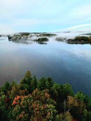 Vertical shot of a lake in a forest covered in the fog in Muskoka, Ontario, Canada