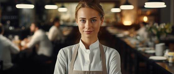 gourmet cuisine expert standing in restaurant professional kitchen with arms crossed while smiling, with blurred restaurant, location in the back, empty copy space