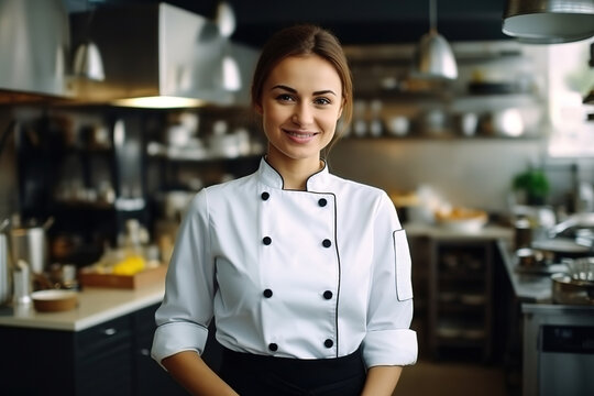 gourmet cuisine expert standing in restaurant professional kitchen with arms crossed while smiling, with blurred restaurant, location in the back, empty copy space