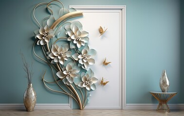 flower floral wall art  sculpture in blue green tone color, interior design wall decor, Generative Ai