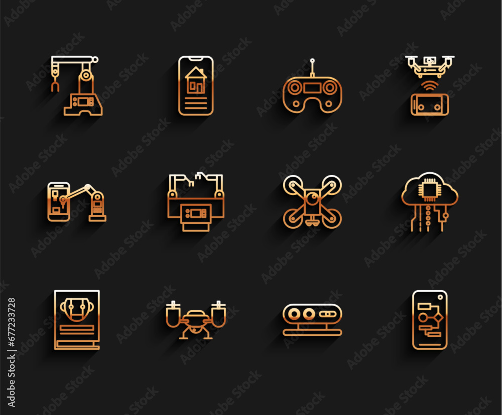 Poster set line user manual, drone flying with action camera, assembly line, 3d scanning system, algorithm,
