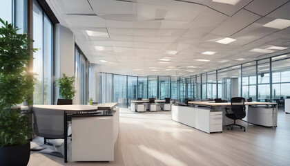 Beautiful blurred background of a light modern office hall with panoramic windows and beautiful lighting. - obrazy, fototapety, plakaty