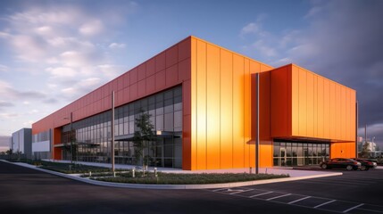 Fototapeta premium Modern sleek warehouse office building facility exterior architecture orange 
