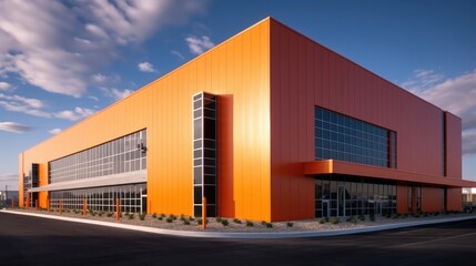 Fototapeta na wymiar Modern sleek warehouse office building facility exterior architecture orange 