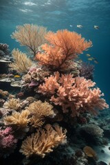 Naklejka na ściany i meble Beautiful underwater world with coral reefs, algae and fish. Ecosystem, ocean, nature concepts