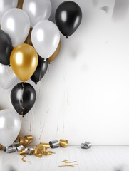 AI generation. White, black, gold and silver balloons and confetti on a white