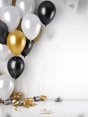 Badezimmer Foto Rückwand AI generation. White, black, gold and silver balloons and confetti on a white © Ламина Акулова