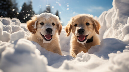 Puppies running in the snow