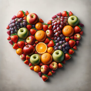 A photo-realistic image of various fruits arranged in a heart shape